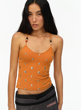 oinimi 银色渐变波点橙色背心 串珠挂脖高弹吊带上衣Tank top