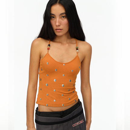 oinimi 银色渐变波点橙色背心 串珠挂脖高弹吊带上衣Tank top