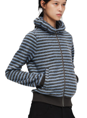 oinimi 雾霾蓝灰条纹花苞领拉链卫衣 磨毛长绒软糯复古休闲短外套