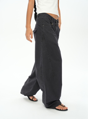 oinimi 铁青灰做旧弧形分割弯刀裤 骑士廓形工装套装