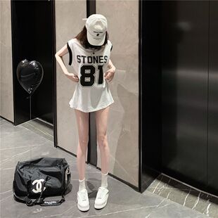 美式复古无袖外穿背心T恤女大码纯棉宽松韩版ins运动风中长款上衣