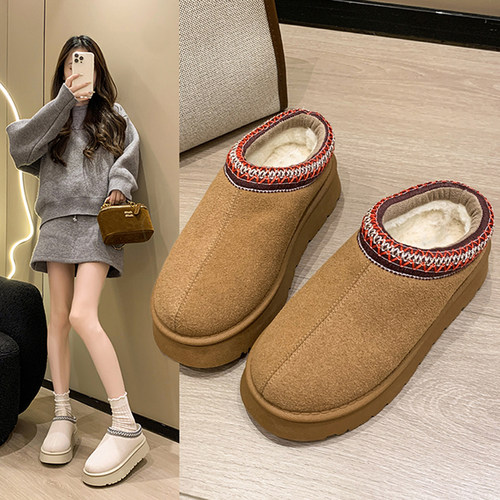 厚底雪地靴女皮毛一体棉鞋2025新款冬季加厚保暖棉鞋包头半拖外穿