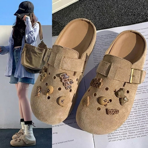 女款包头搭扣软底勃肯半拖鞋