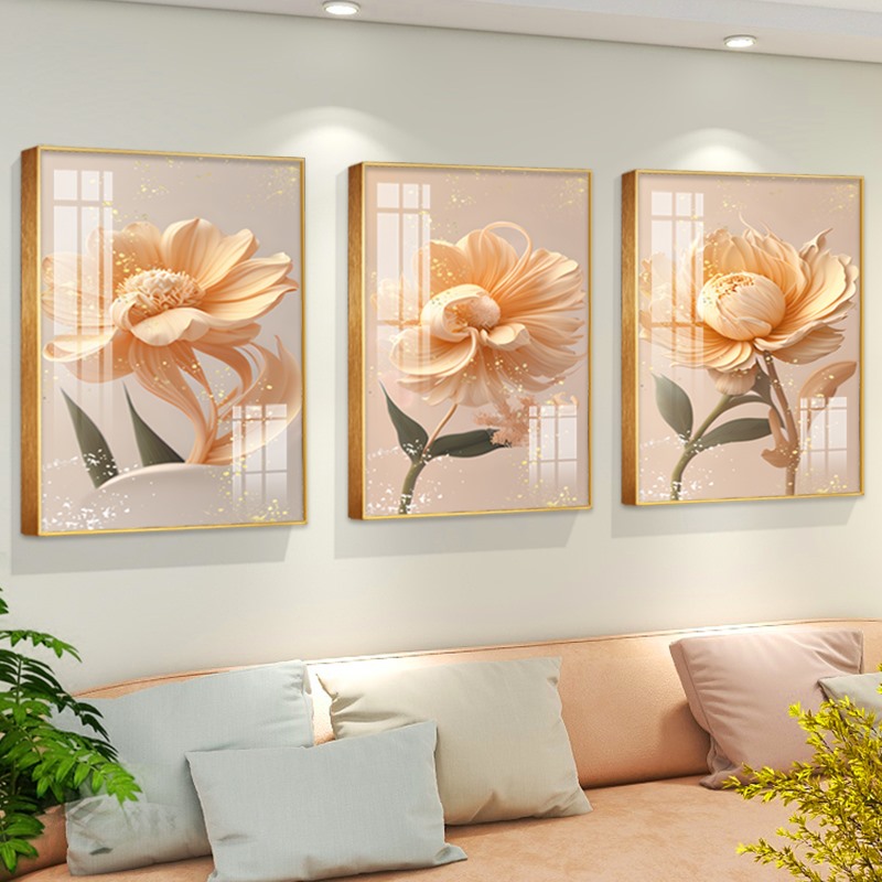 现代简约沙发背景墙装饰画客厅三联高档挂画轻奢大气创意花卉壁画图片