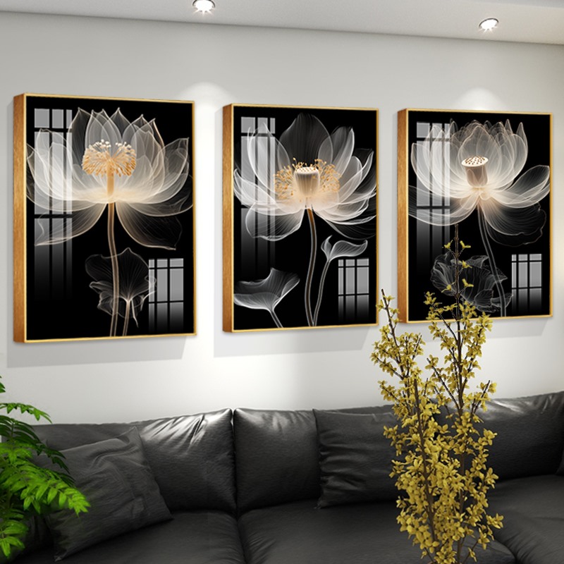 轻奢抽象花卉装饰画三联客厅沙发背景墙高级感挂画现代简约晶瓷画图片