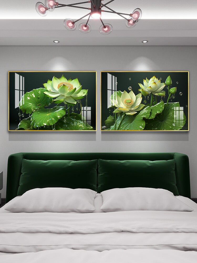 现代简约卧室背景墙装饰画新款床头高级感挂画清新荷花个性艺术画