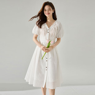 新泡泡肌理盐缩自然慵懒大气亲肤收腰显瘦灯笼袖连衣裙女知性优雅