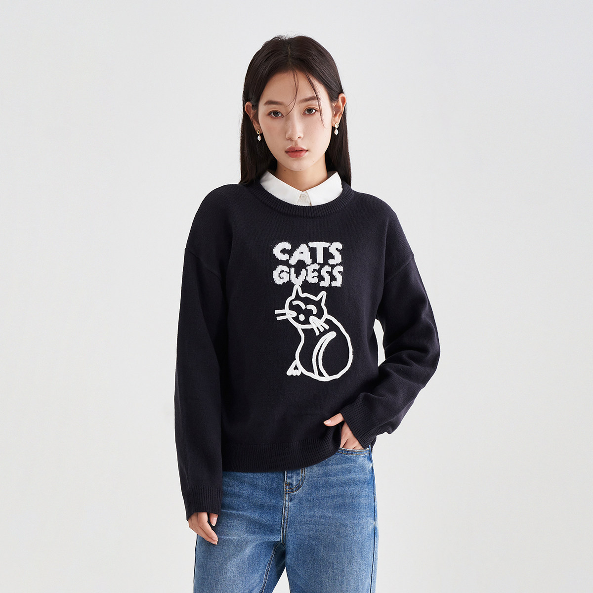 初语TOYOUTH 2023新款宝蓝色字母猫咪针织套衫女圆领软糯厚实毛衣高性价比高么？