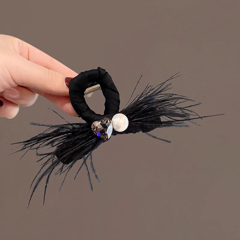 气质驼鸟羽毛抓夹爱心珍珠发夹