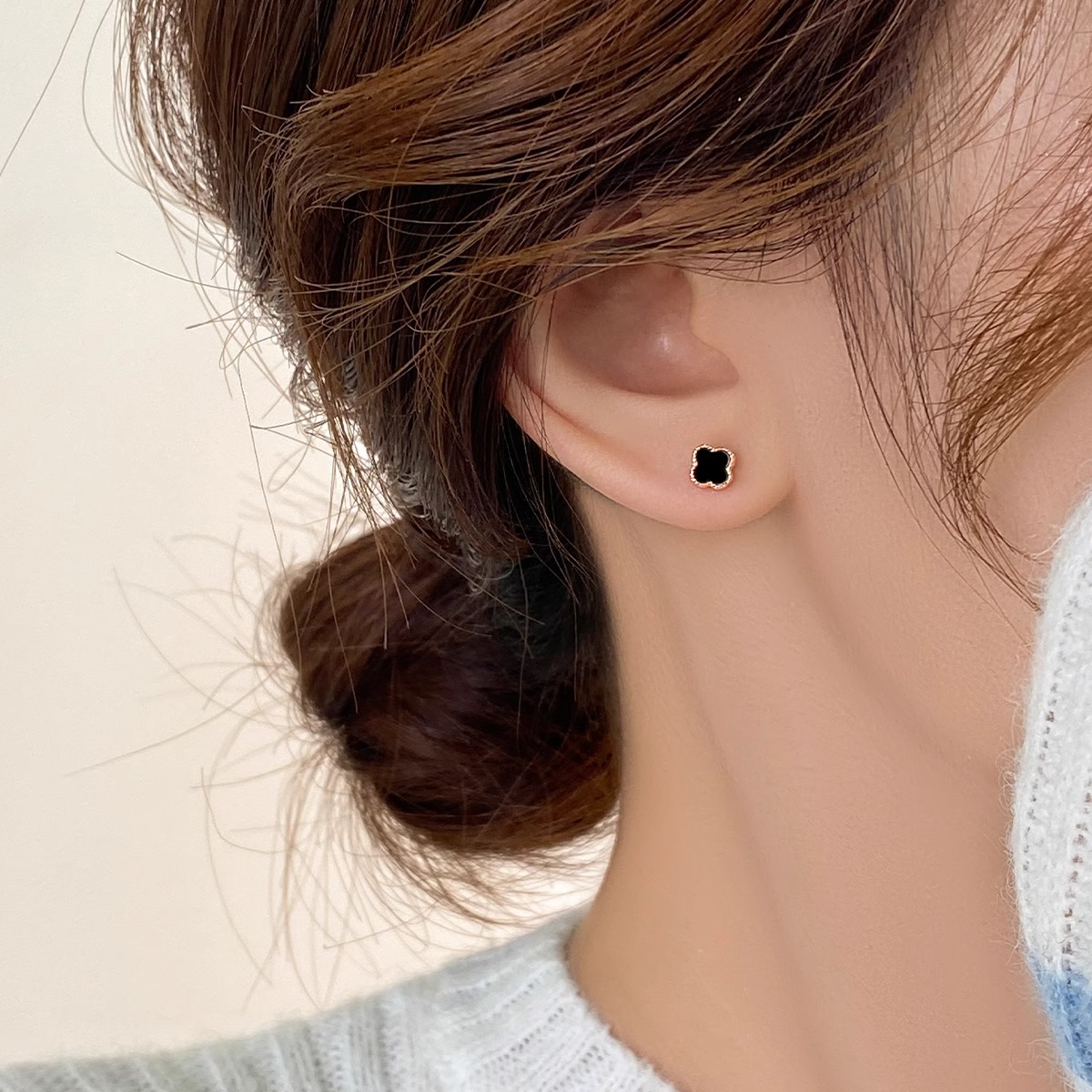 S999纯银针玫瑰金四叶草耳钉