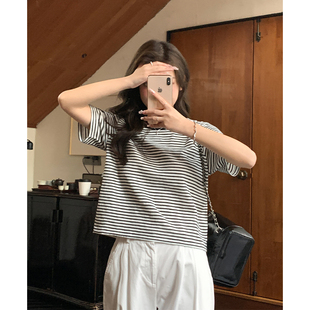 宽松圆领百搭撞色正 Yoe竹节棉黑白条纹短袖 t恤女上衣女装 夏季 新款