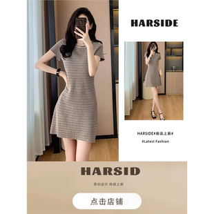 裙子 HARSIDE 高端港风复古格纹短袖 连衣裙女夏季 高级感显瘦中长款