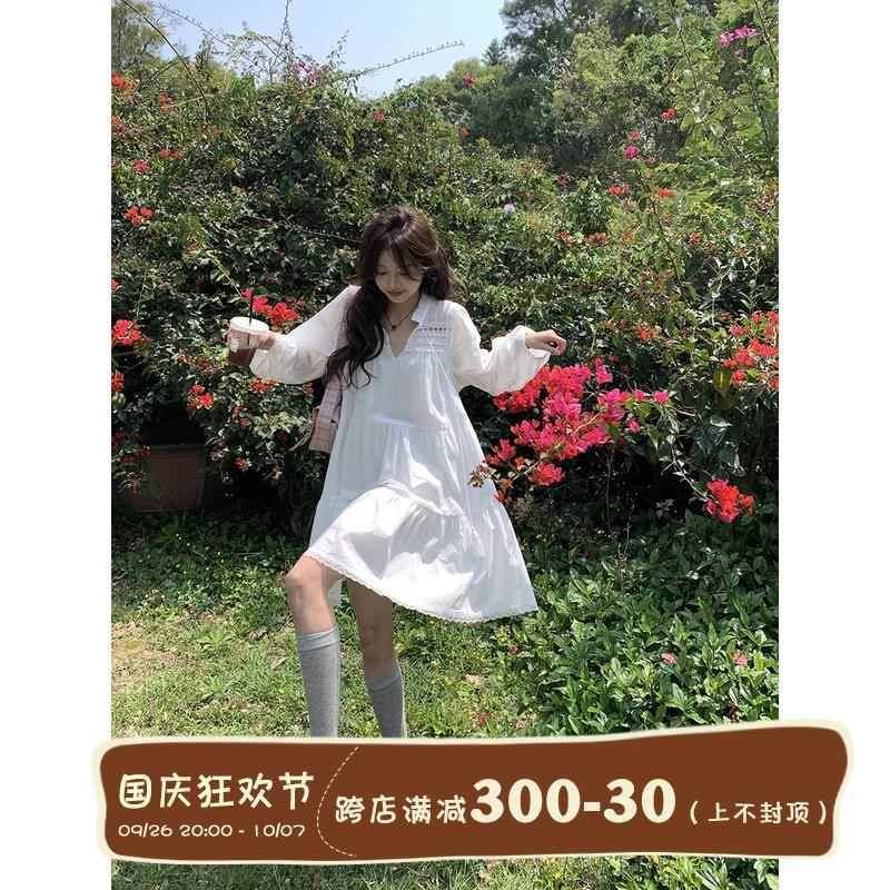 馨帮帮 法式气质白色连衣裙初秋韩系氛围感穿搭显瘦长袖娃娃裙女