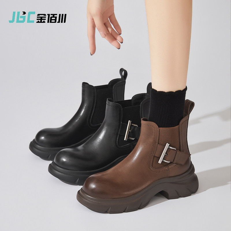 金佰川时尚潮流切尔西靴女厚底短靴金属扣装饰马丁靴秋冬