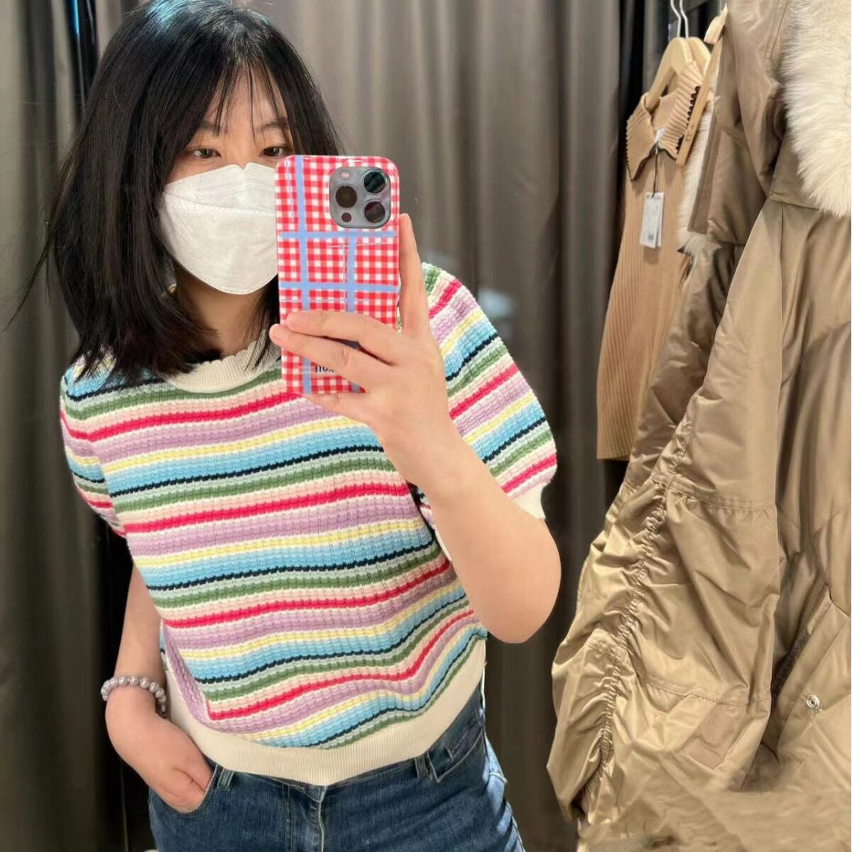 彩虹条纹针织短袖新款扇形边领口条纹泡泡袖上衣针织衫t恤设计感