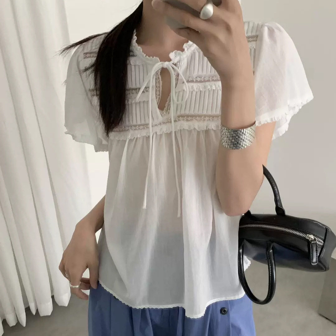 maSande法式白色蕾丝上衣甜美温柔木耳边系带短袖百搭减龄衬衫上