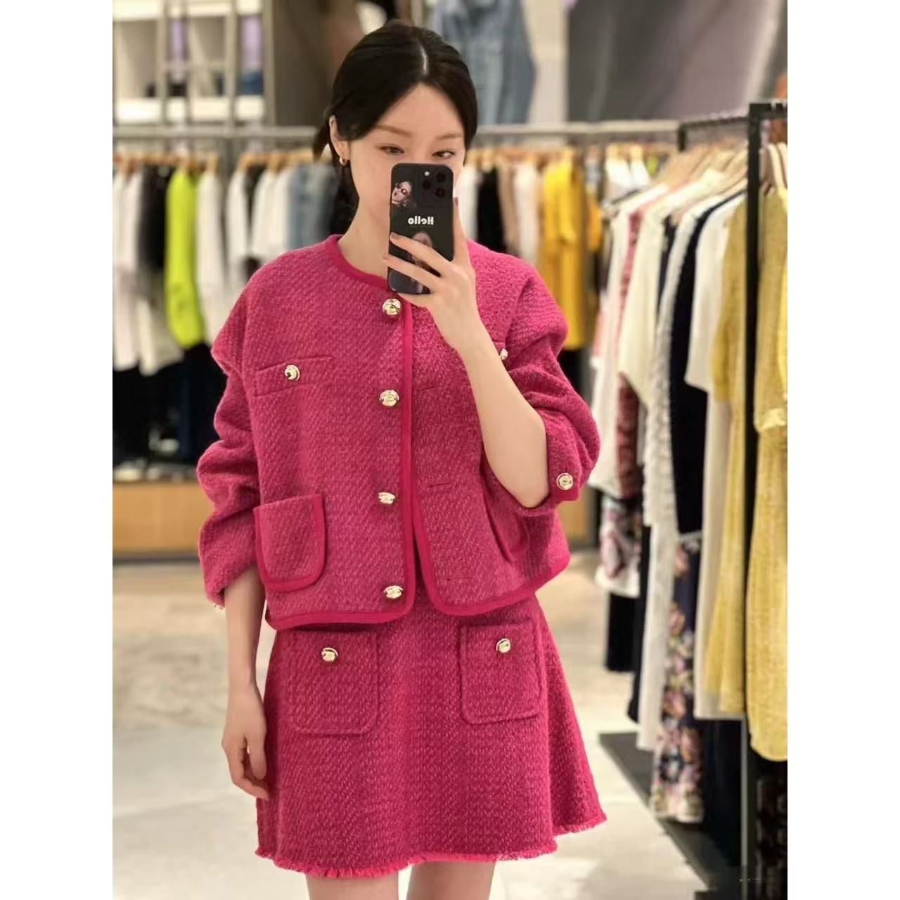 法式女装25年秋冬小香风外套名媛羊毛混纺粗纺外套高腰半身裙套装