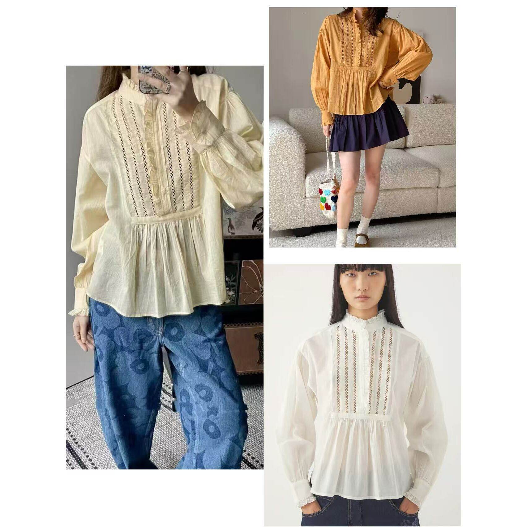法式立领衬衫女式25年春夏新款甜美蕾丝花边拼接风琴褶木耳边衬衫
