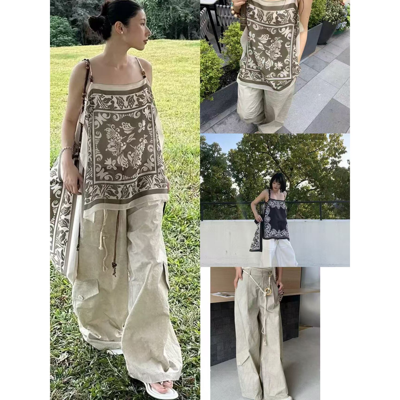 平口艺术印花撞色串珠波西米亚风吊带高腰阔腿休闲长裤两件套女