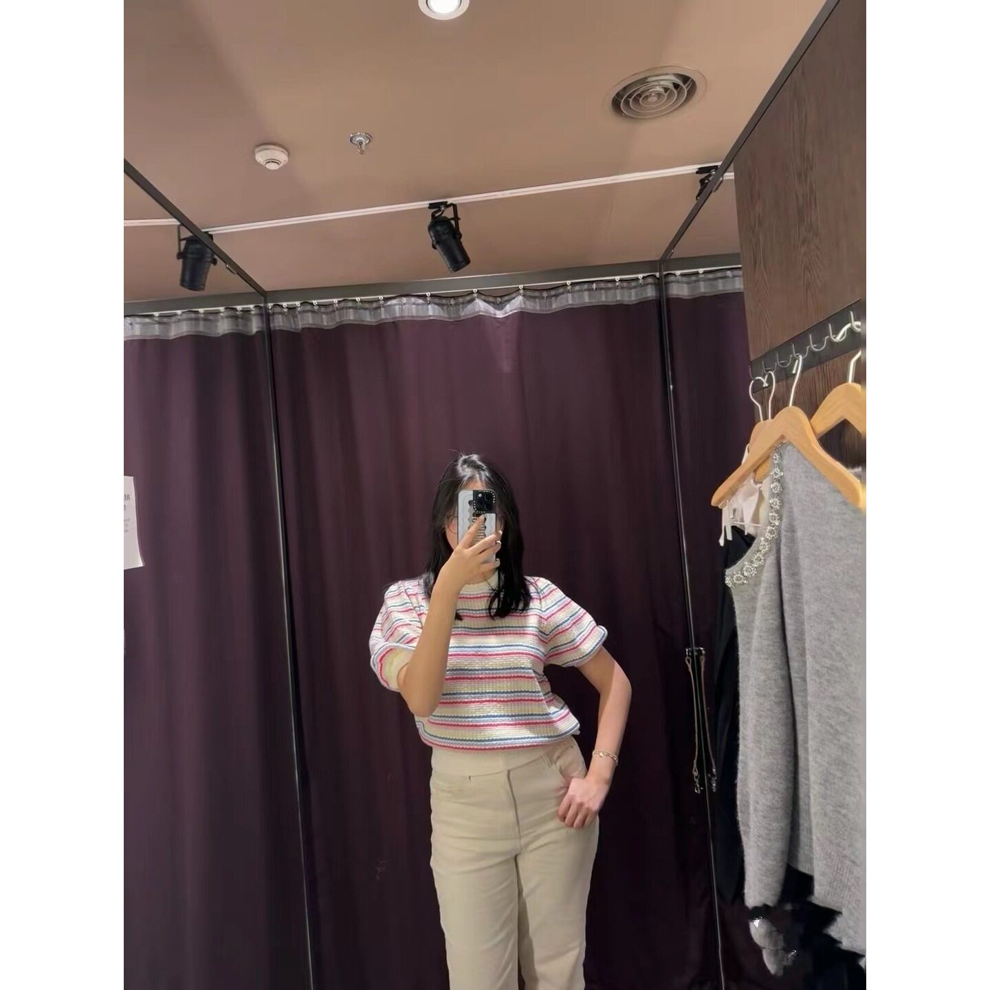 法式针织短袖夏季OS扇形边圆领显瘦彩虹边泡泡袖甜美针织衫上衣