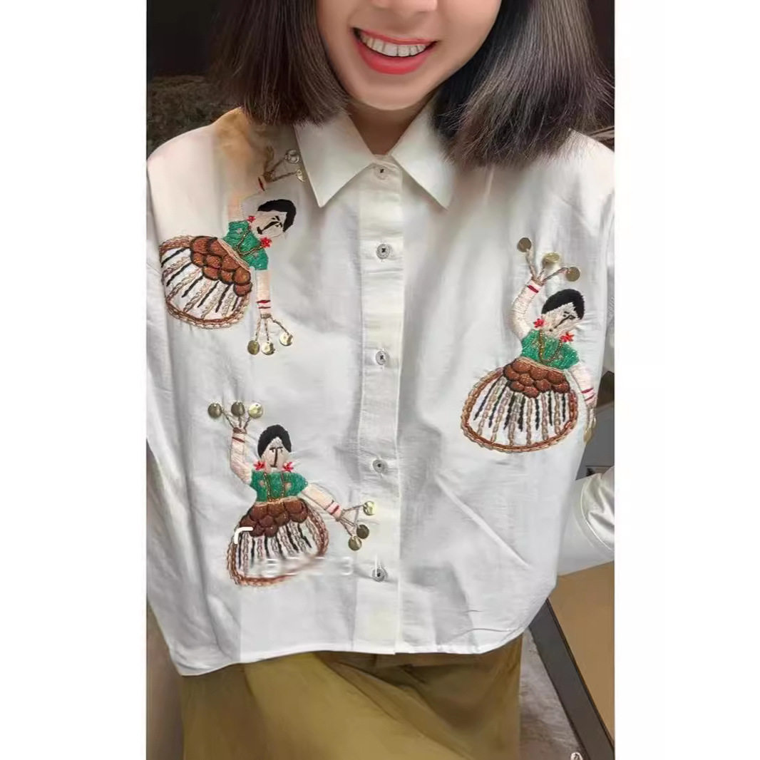 卡通可爱精美刺绣衬衫女法式立体刺绣跳舞的女孩提花休闲白色衬衫