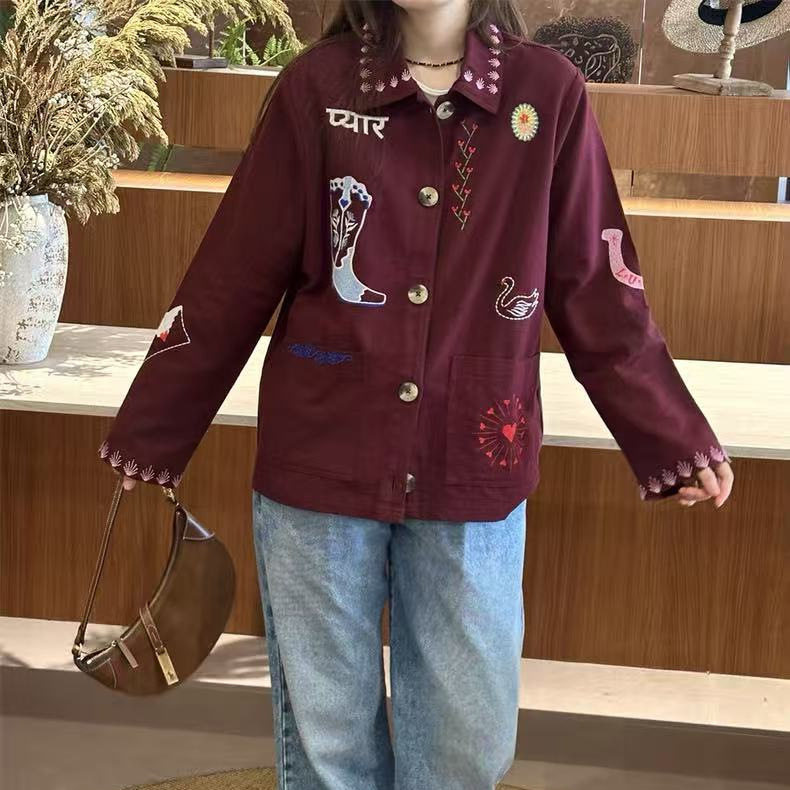 法式秋冬新款复古刺绣图案大口袋宽松休闲翻领长袖夹克外套女