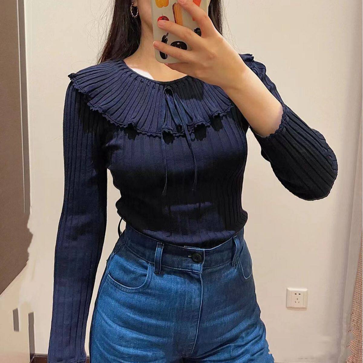 美利奴羊毛长袖荷叶边修身显瘦长袖针织打底衫美式毛衣女士上衣