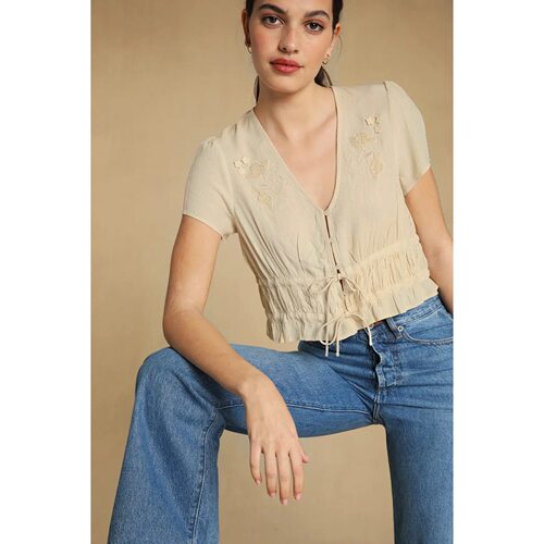 新中式短袖衬衣女RO精美刺绣系扣抽身绑带衬衣夏天复古中式衬衫女