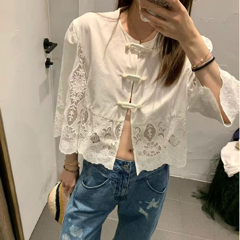 maSande衬衫短款女镂空蕾丝刺绣女法式复古早春宽松绣花净色短袖