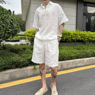 衬衫 欧美轻奢男装 亚麻棉纯色商务休闲翻领短袖 短裤 LP版 13800 夏季