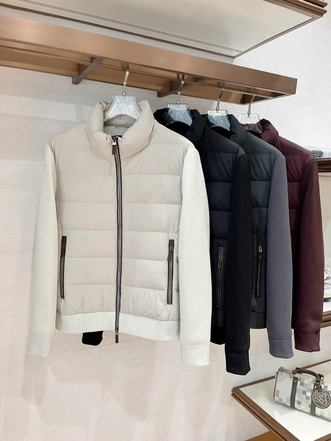 意式ZZ男装轻奢2025秋冬尼龙针织拼接90白鸭绒立领开衫羽绒服外套