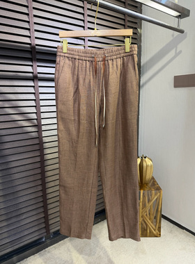 意式老钱风男装2026春夏款时尚后背刺绣休闲裤亚麻直筒抽绳休闲裤