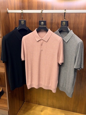 意式ZZ老钱风男装2026春夏羊毛混纺花纱半开扣针织短袖男翻领T恤