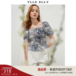 ELLY复古蚕丝棉印花小衫 2024夏季 新款 YLLE 泡泡袖 艺术抽褶雪纺衫