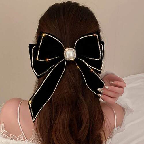 Velvet Inlaid Rhinestone Pearl Bow Hair Clip for Women