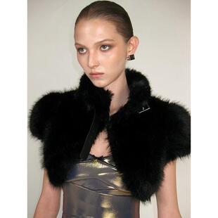 欧美时尚毛毛彷皮草马甲披肩短上衣女 Fur Crop Shawl Top Vest