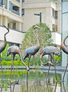 户外仙鹤雕塑水池玻璃钢庭院室外仿铜装饰抽象中式丹顶鹤景观摆件