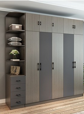 重庆衣 北欧储物柜推拉门衣橱柜 高级灰+胡桃色 多层柜门五门衣柜