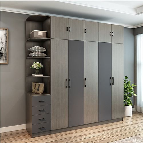 重庆衣 北欧储物柜推拉门衣橱柜 高级灰+胡桃色 多层柜门五门衣柜