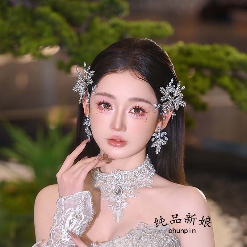 韩式新娘边夹头饰耳环套装高级感简约结婚发饰婚纱晚礼服订婚配饰图片