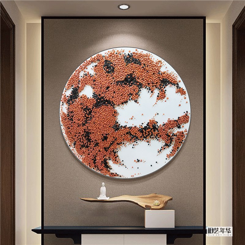 创意橙色圆形纽扣子实物立体装饰画客厅玄关别墅售楼部样板房挂画