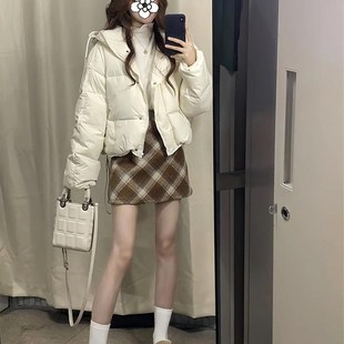 大码超好看白色连帽短款羽绒棉服女冬季小个子宽松加厚面包服外套