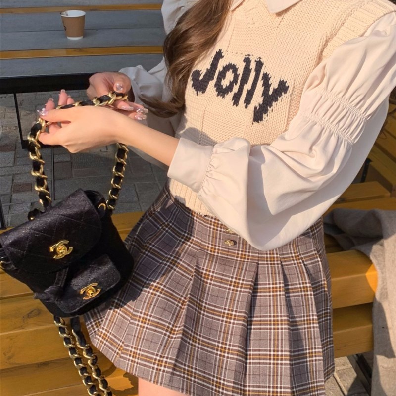 萌萌Ja金扣设计显瘦高腰格纹百褶裙气质百搭通勤a字半身裙女