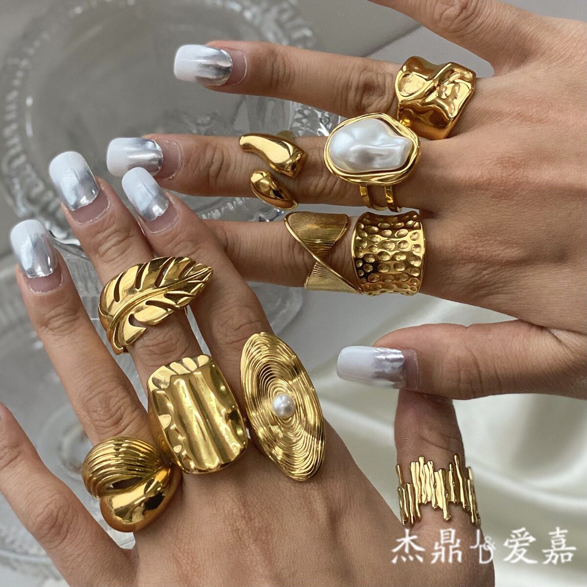杰鼎钛钢珍珠戒指韩系ins小众感尾戒不掉色不锈钢手饰品欧美