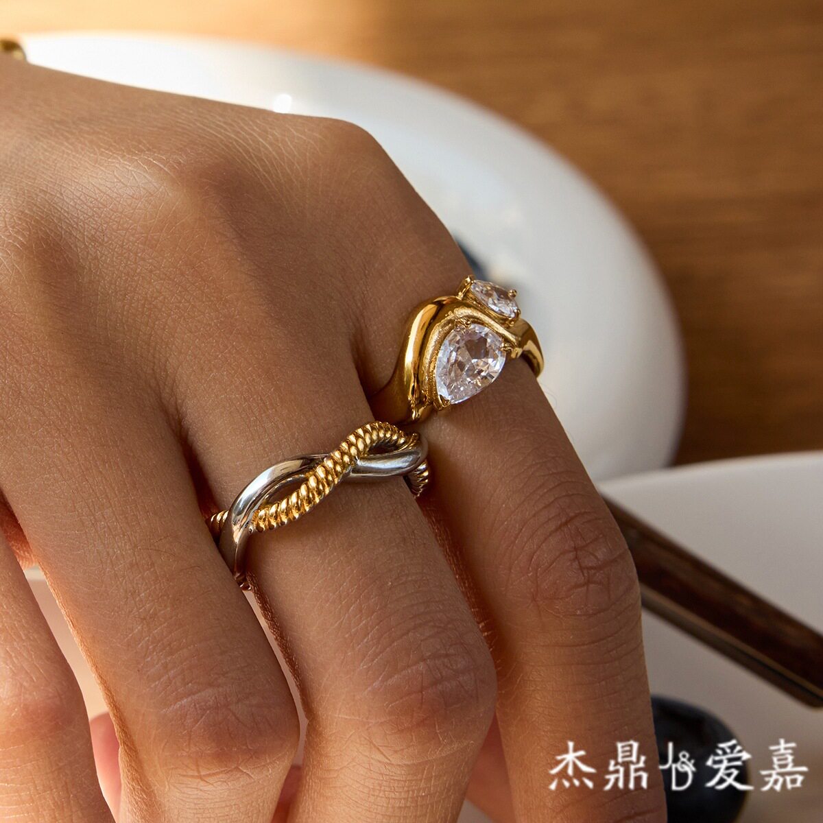 杰鼎跨境锆石戒指钛钢不掉色首饰轻奢感不锈钢饰品欧美rings