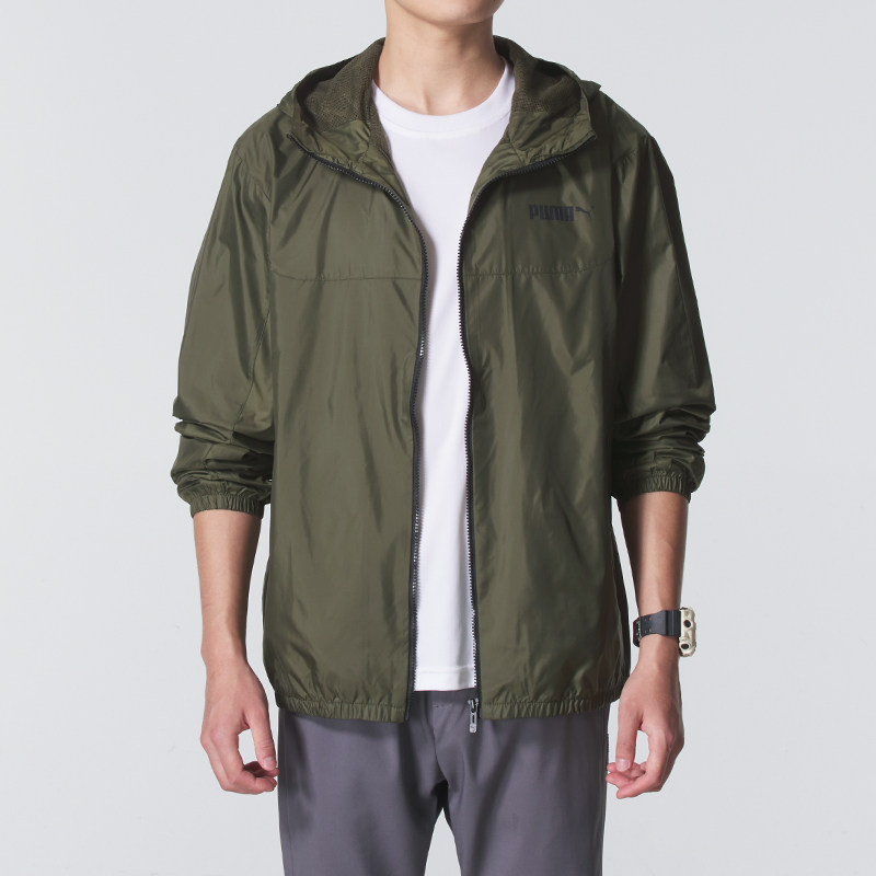 彪马外套男装25冬季新款军绿色男士运动服透气梭织防风衣连帽夹克