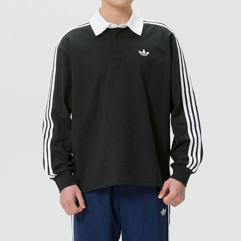 阿迪达斯男装运动服春秋款纯棉长袖POLO衫经典三条纹休闲舒适上衣