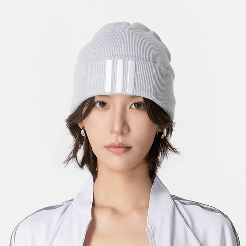 阿迪达斯女士运动帽2026秋季新款韩系灰色针织帽休闲男三条纹帽子