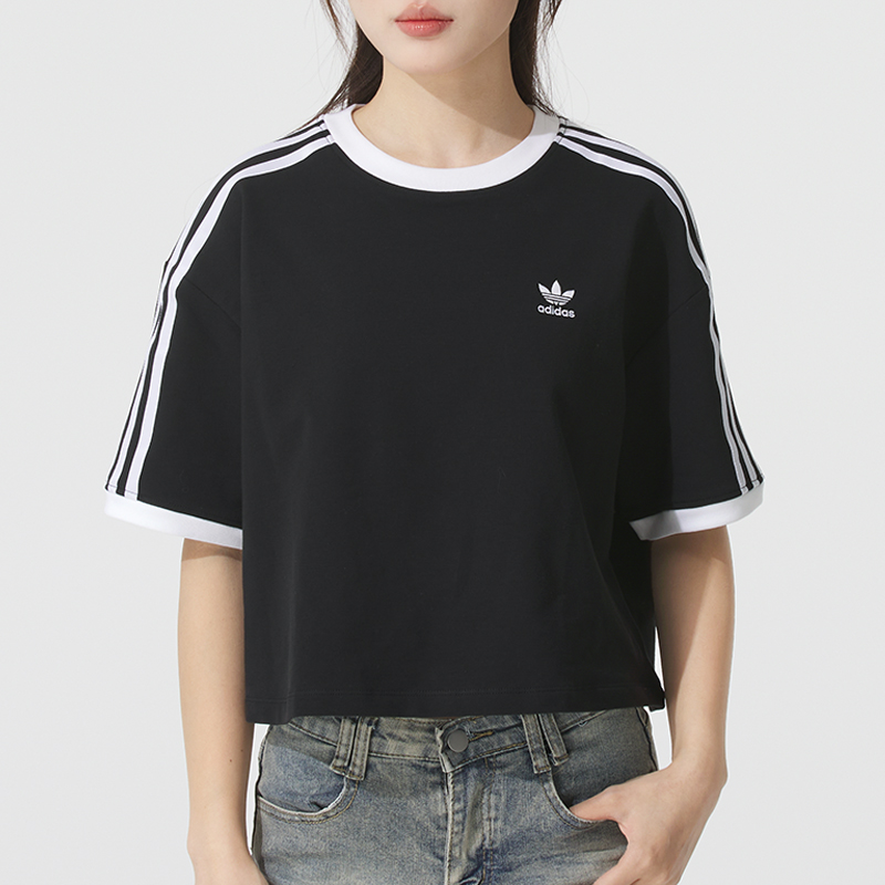 阿迪达斯三叶草2025秋冬新款女装短袖T恤运动休闲短款上衣JC8149