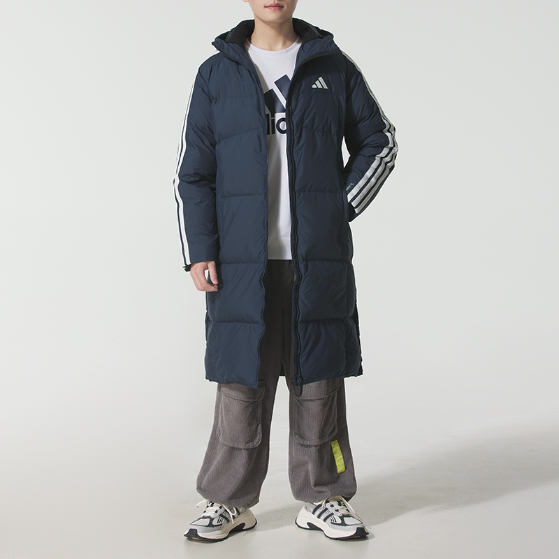 阿迪达斯长款羽绒服外套男女2025新款情侣连帽羽运动外套KC2499